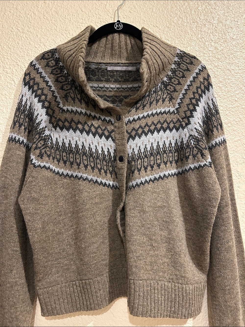 Women's Shawl Collar Fair Isle Sweater - Taupe - Picture 2 of 12